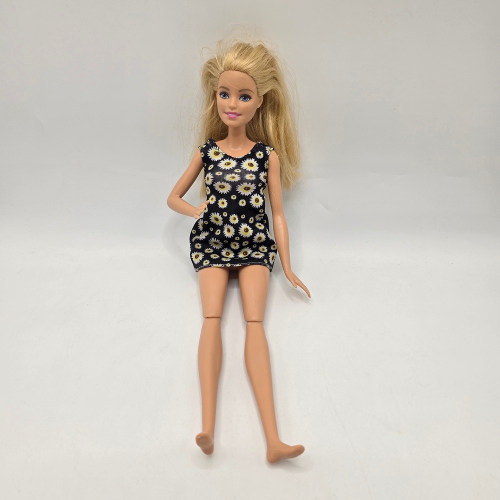 Mattel Barbie Doll Sunflower Dress Articulated Knees Blonde Blue Eyes Toy Figure